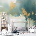 Abstract green and gold cloud wallpaper in modern living room creating serene atmosphere with natural light