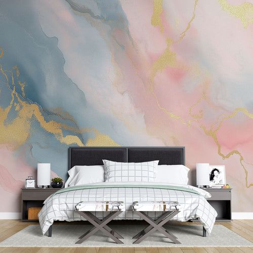 Abstract marble wallpaper with gold accents creating a soft, dreamy atmosphere in a modern living room setting