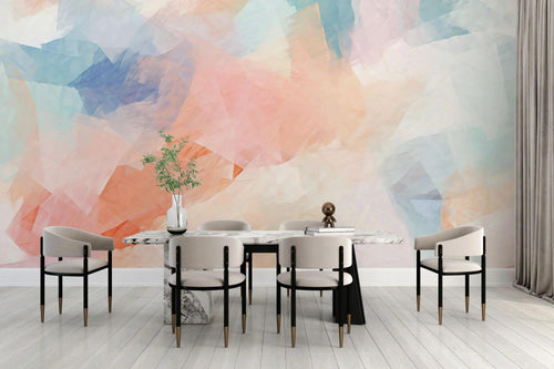 Abstract geometric wallpaper in soft pastels creating a modern atmosphere in a bright living room setting