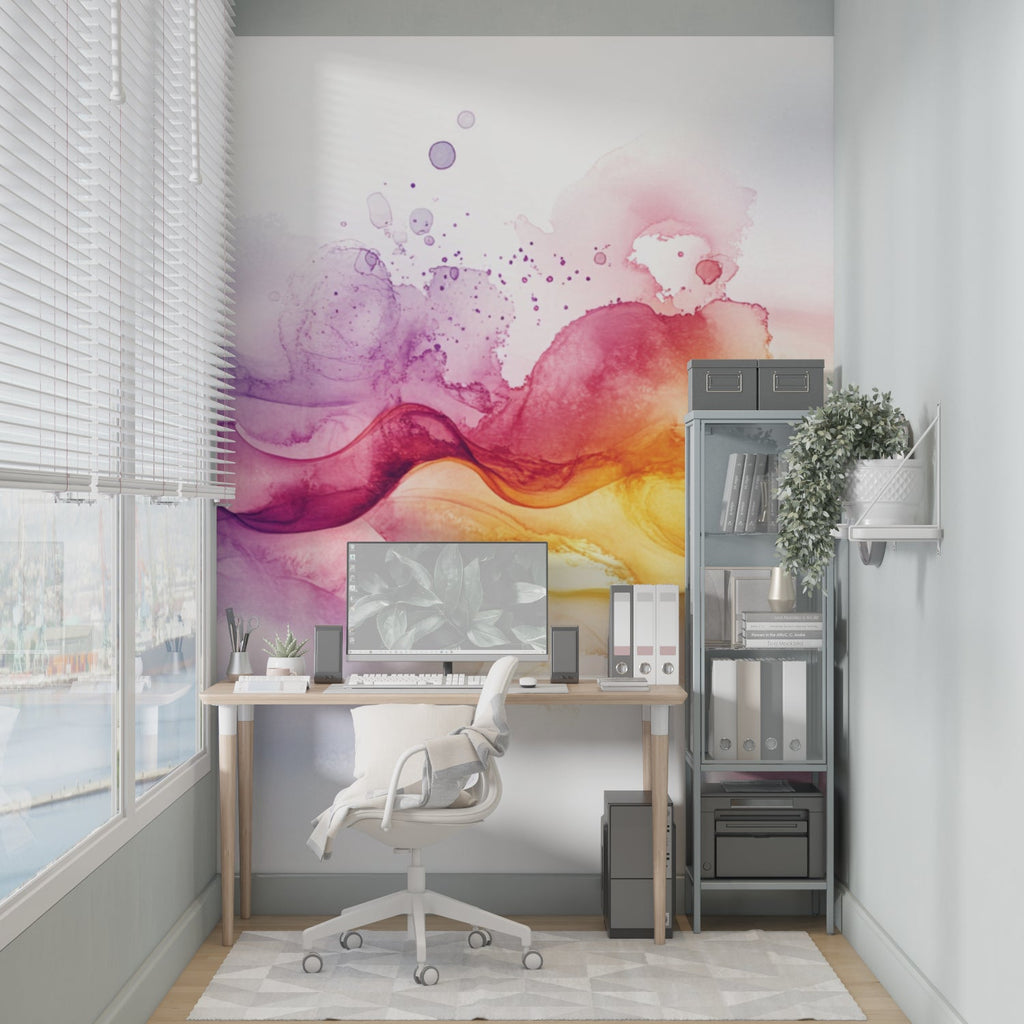 Watercolor rainbow wall mural in home office space highlighting creative atmosphere
