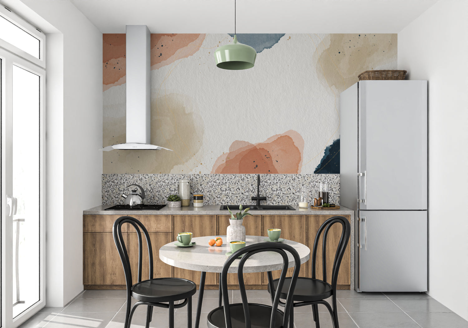 Abstract wall mural in home office with natural lighting highlighting terracotta tones