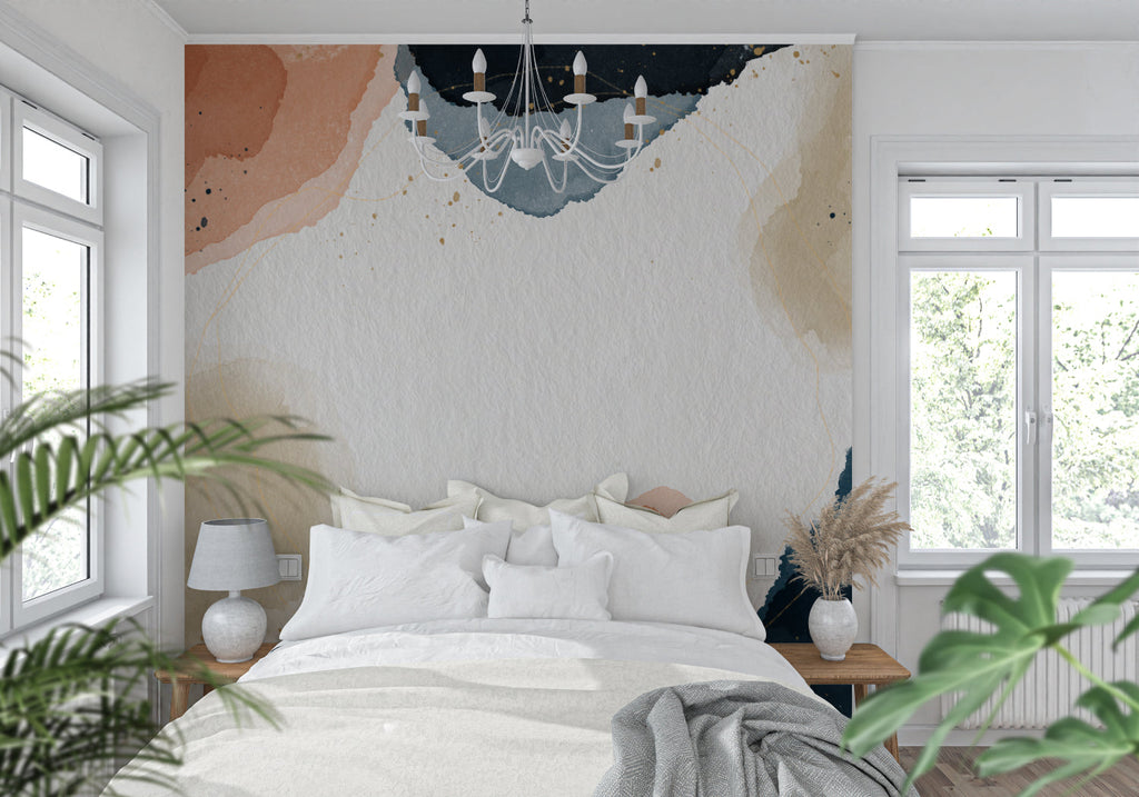 Modern dining room featuring abstract watercolor wallpaper in navy and terracotta