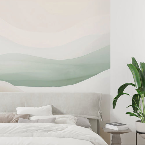 Abstract sage green wallpaper mural in modern living room with minimalist furniture