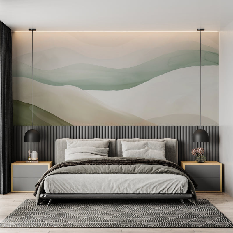 Minimalist hallway with flowing watercolor wallpaper design