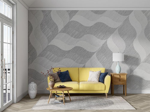 Modern grey wave wallpaper in minimalist living room creating a peaceful atmosphere