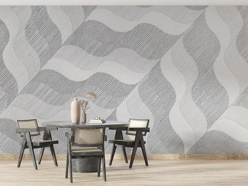 Geometric grey wall mural in home office showing flowing pattern and depth