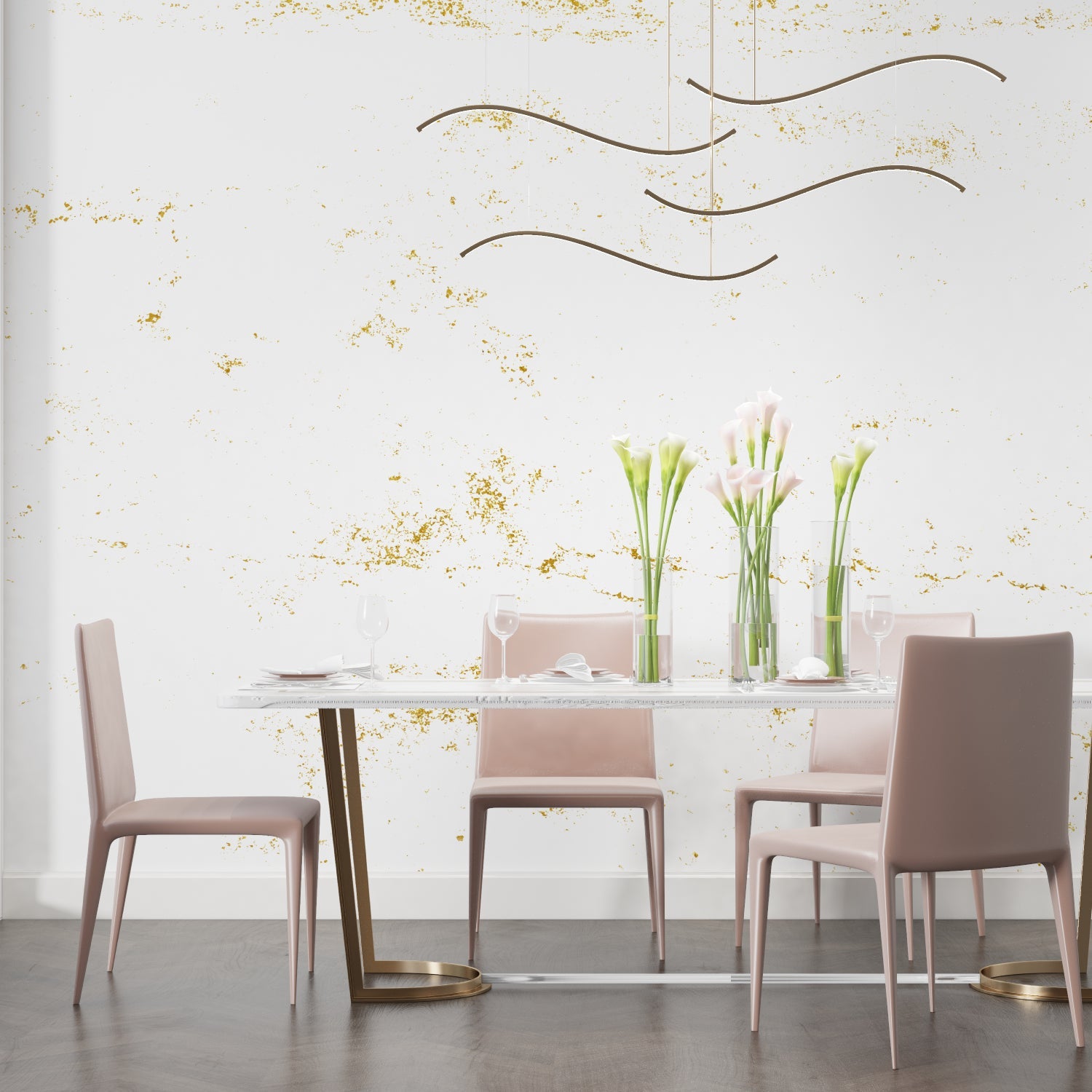 Metallic speckled wallpaper brightening home office space