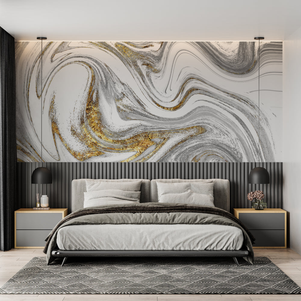 White marble wallpaper with gold swirls featured in master bedroom, adding luxury to neutral decor