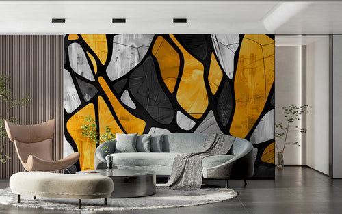 Contemporary home office featuring yellow and black geometric wall mural