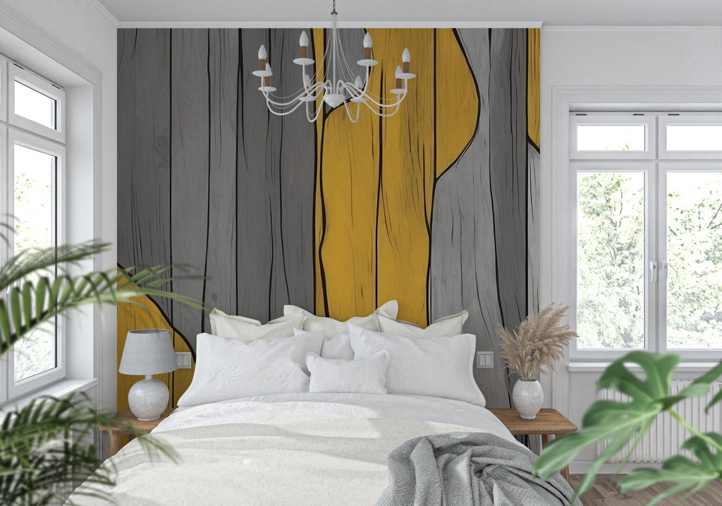 Geometric pattern wallpaper bringing warmth to a contemporary home office space