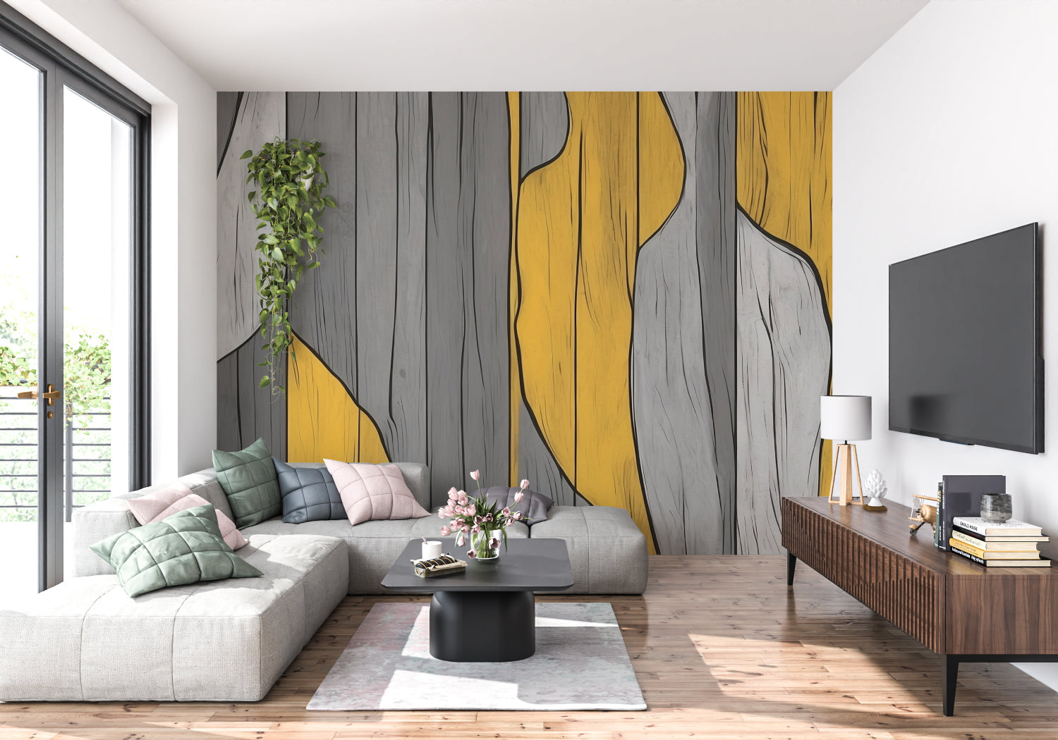 Modern geometric mural making a statement in an urban apartment hallway