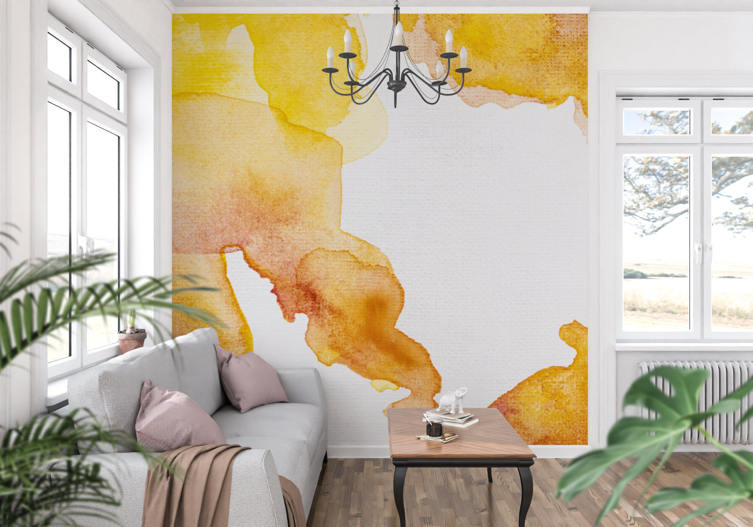 Watercolor wall mural brightening up home office space with yellow tones