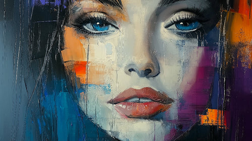 Abstract portrait design file showing detailed artistic face pattern with vivid blue eyes