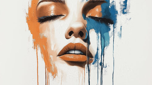 Abstract portrait wallpaper design file showing detailed orange and blue paint drip pattern