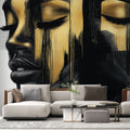 Abstract portrait mural wallpaper in modern black and gold styling creates dramatic impact in minimalist living room