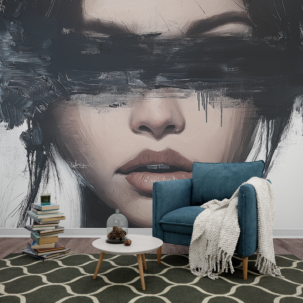 Abstract portrait wallpaper creating a stunning focal point in a modern minimalist living room with clean lines and natural light