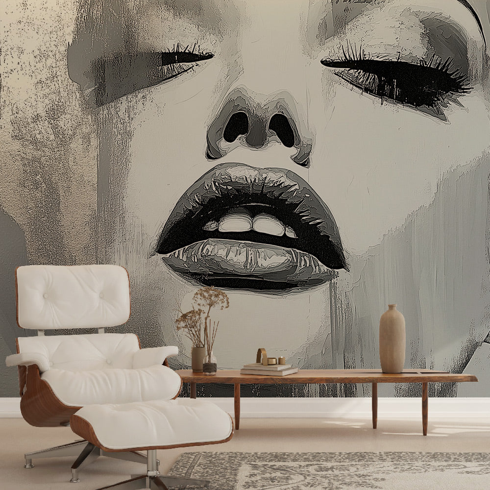 Abstract portrait wallpaper creating dramatic impact in modern living room with minimalist furniture