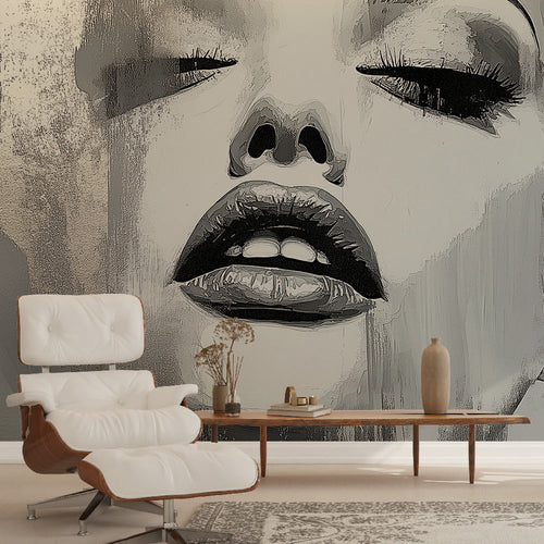 Abstract portrait wallpaper creating dramatic impact in modern living room with minimalist furniture