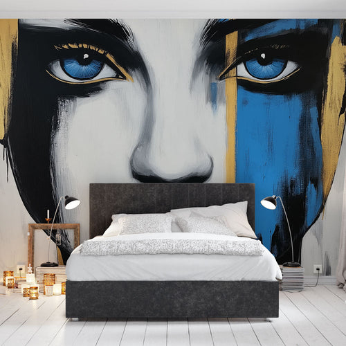 Modern Abstract Portrait Wallpaper creating dramatic impact in a minimalist living room with high ceilings