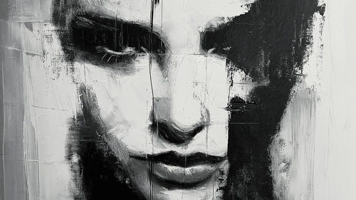 Black and white abstract portrait design file showing detailed brushstrokes and artistic expression