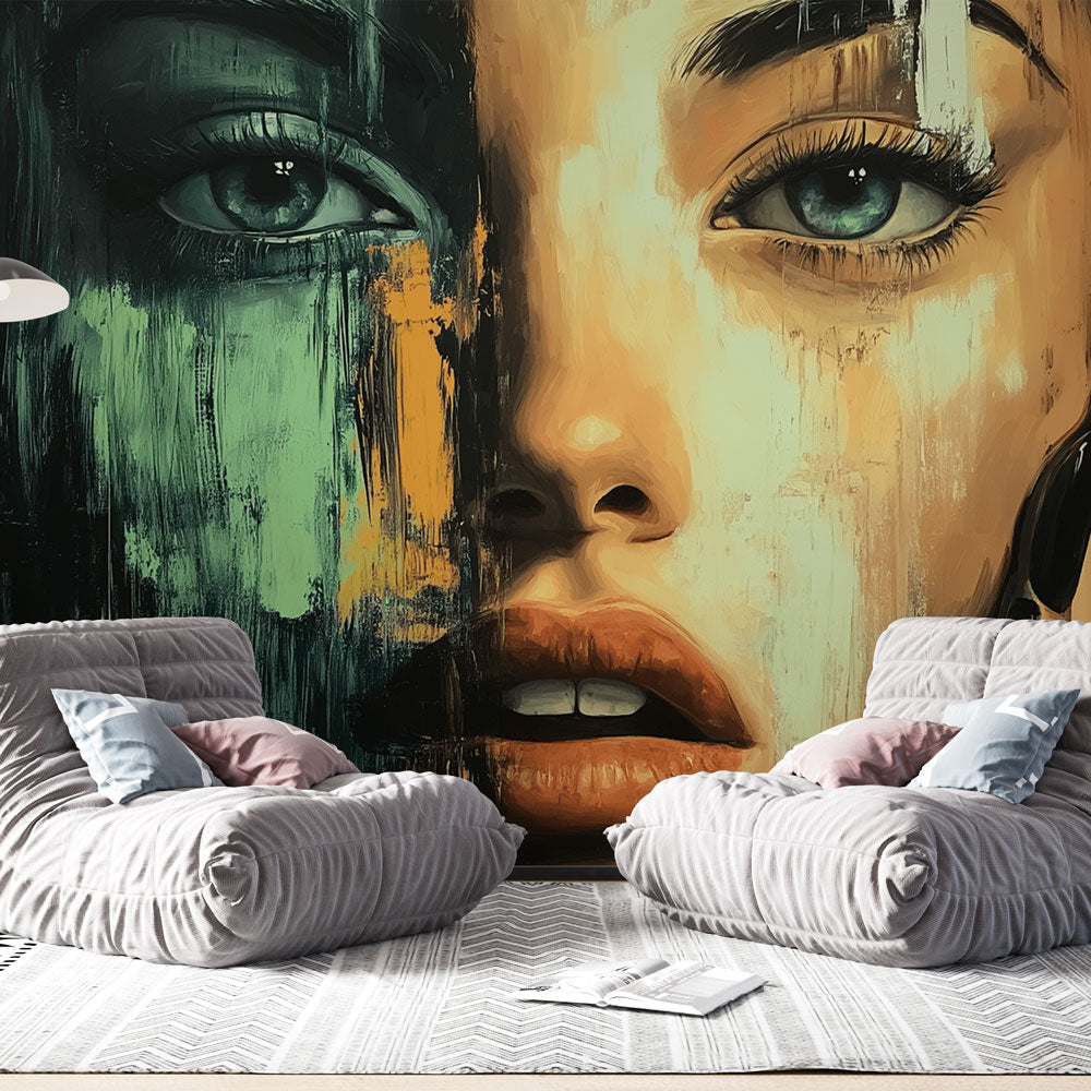 Abstract Portrait Wallpaper creating a dramatic focal point in a minimalist living room with modern furniture