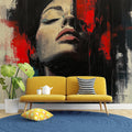 Abstract portrait wallpaper creating a dramatic focal point in a modern living room with minimalist furniture