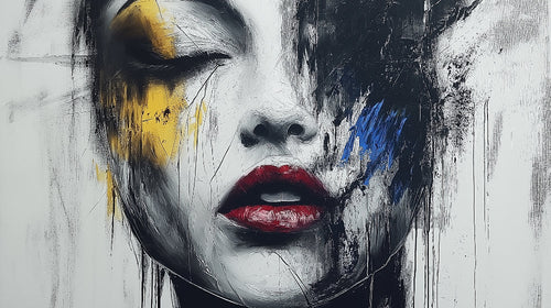 Abstract Portrait Wallpaper design file showing detailed gold and red accents on dramatic black and white artwork