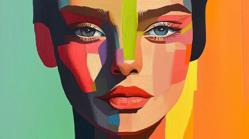 Abstract portrait wallpaper design file showing vibrant geometric face pattern with bold colors