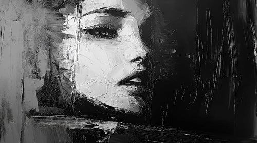 Black and white abstract portrait design file showing detailed brushstrokes and artistic texture