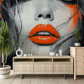 Abstract Portrait Wallpaper showcased in a modern living room, orange lips artwork creating a bold statement wall