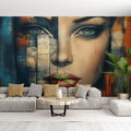 Abstract Portrait Mural Wallpaper creating a bold statement in a modern minimalist living room with white furniture
