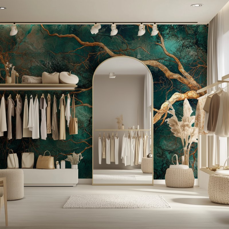 Green and gold tree pattern wallpaper in minimalist home office setup