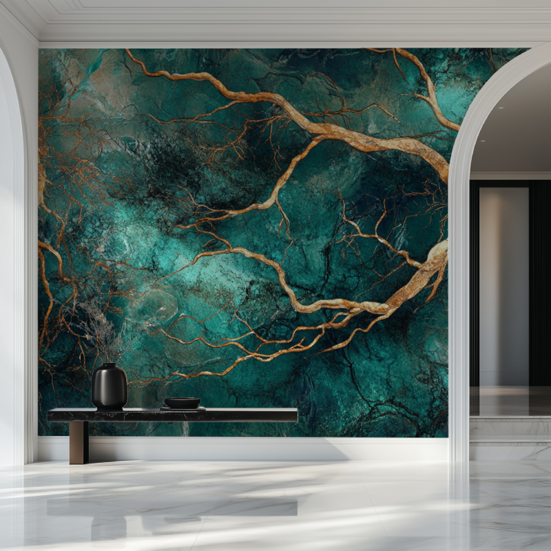Emerald abstract wallpaper making statement in modern living room