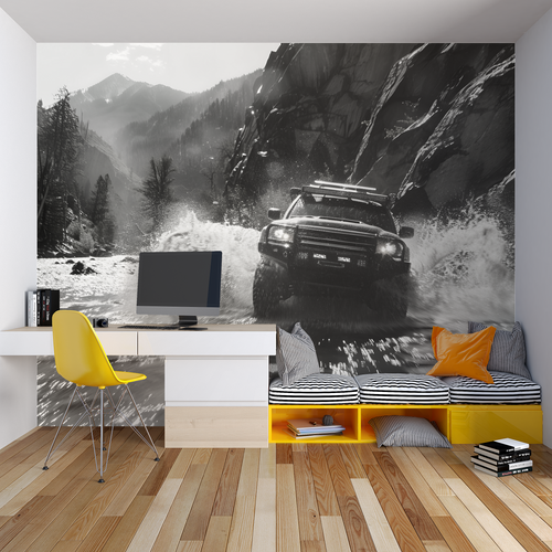 Black and white rally car wallpaper creating drama in a modern living room with high ceilings