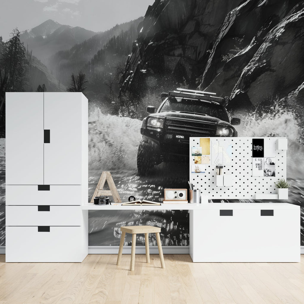 Adventure sports wallpaper showcased in a modern man cave setting