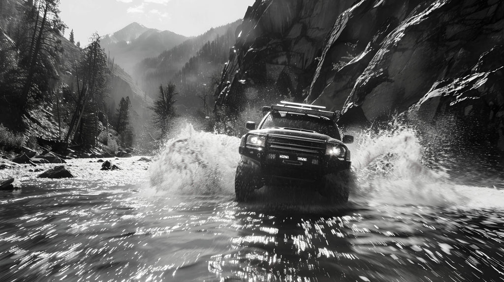 Design file showing detailed black and white rally car pattern with mountain backdrop and water effects