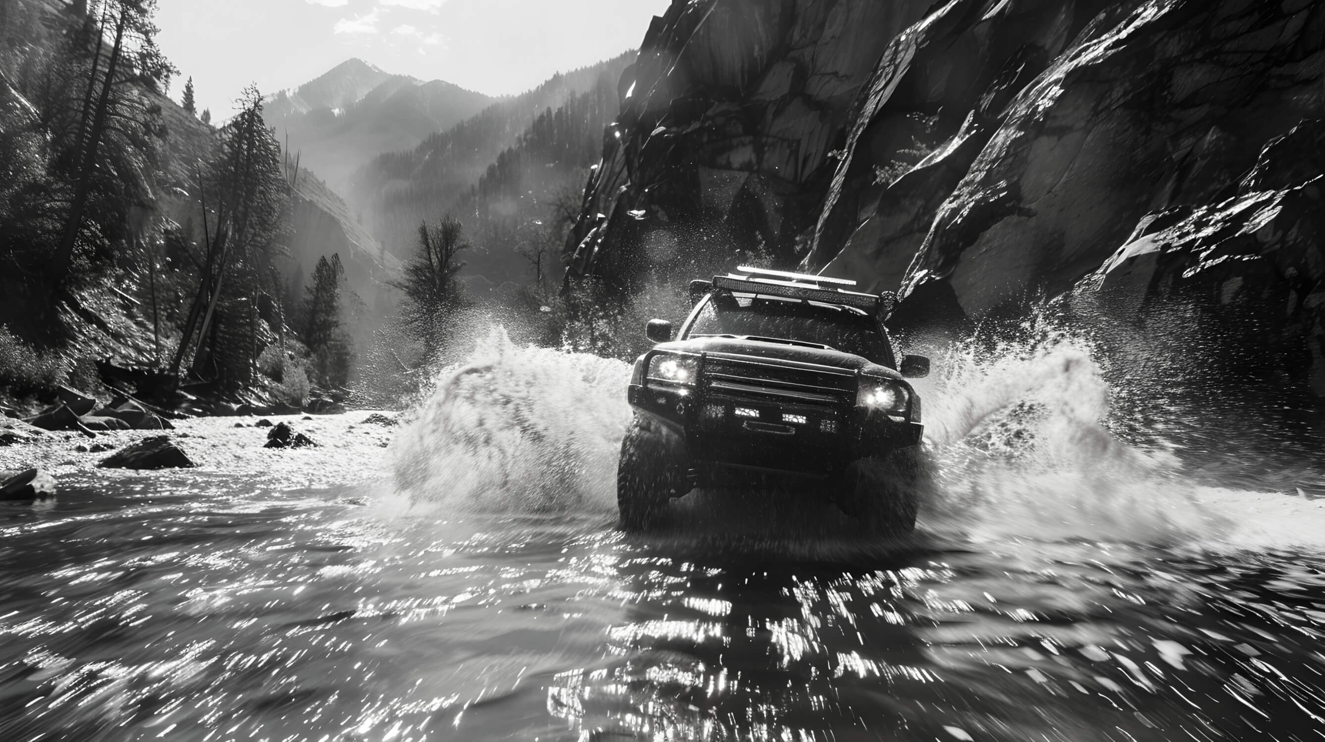 Design file showing detailed black and white rally car pattern with mountain backdrop and water effects