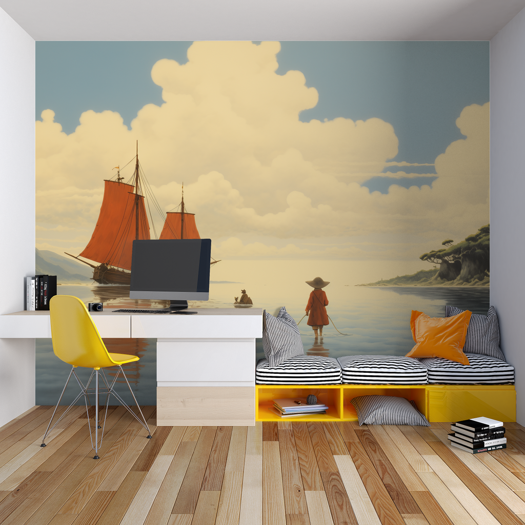 Panoramic mountain wallpaper creates cozy reading nook with sunset view