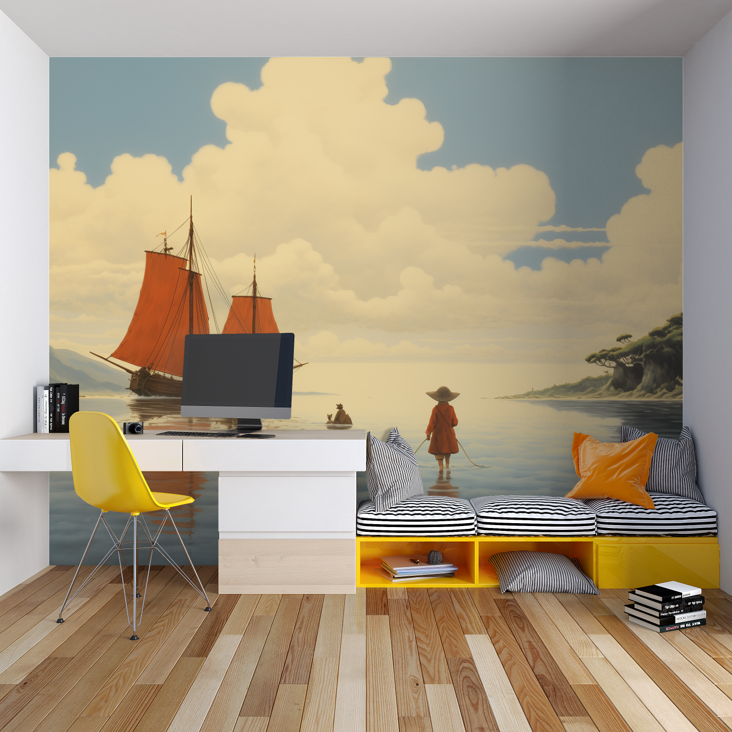 Panoramic mountain wallpaper creates cozy reading nook with sunset view