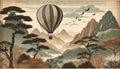 Hot air balloon adventure wallpaper displayed in a bright modern living room, showing scale and earth tone compatibility