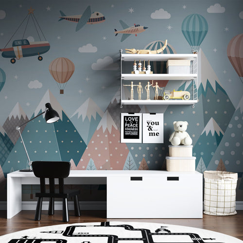 Kids bedroom featuring mountain adventure mural with teal hot air balloons and soft coral accents