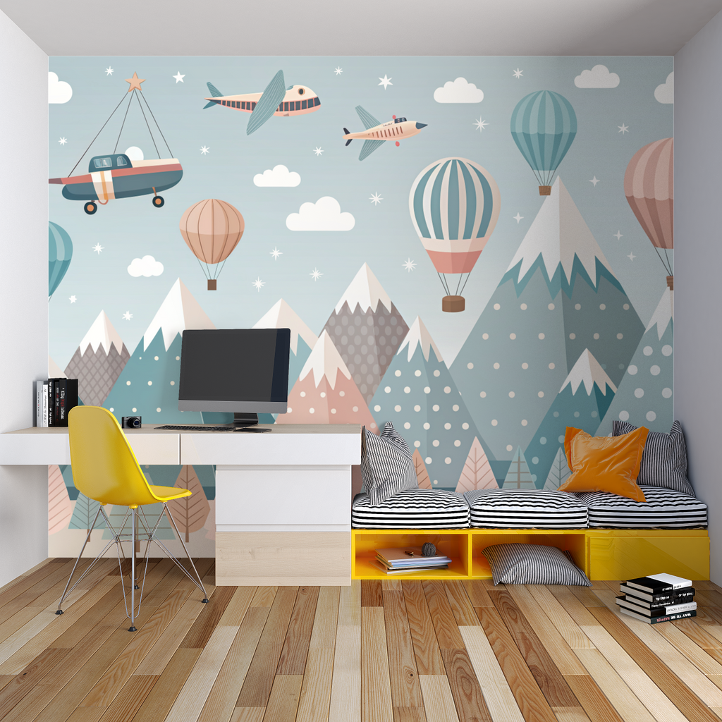 Baby room featuring gentle mountain scenery with drifting hot air balloons and fluffy clouds