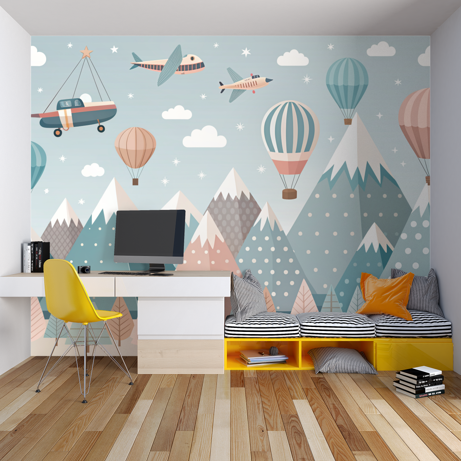 Baby room featuring gentle mountain scenery with drifting hot air balloons and fluffy clouds
