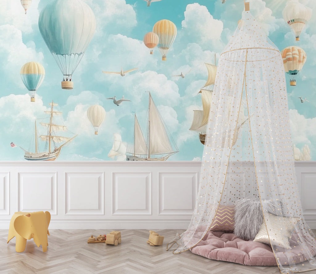 Maritime and sky adventure mural in child's reading nook showing scale and detail