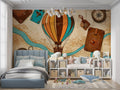 Vintage hot air balloon wallpaper creating a magical atmosphere in a cozy nursery with soft lighting