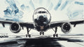 Black and white airplane mural wallpaper creating drama in a modern minimalist living room with high ceilings
