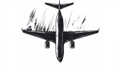 Black and white aviation design file showing detailed airplane illustration with artistic brush strokes
