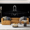 Black and white airplane mural wallpaper creating dramatic impact in a modern minimalist living room setting