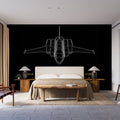 Modern Airplane Line Art Wallpaper creating dramatic contrast in a minimalist home office setup