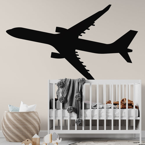 Modern Airplane Wallpaper displayed in a bright kids bedroom, showing black aircraft silhouette against beige background